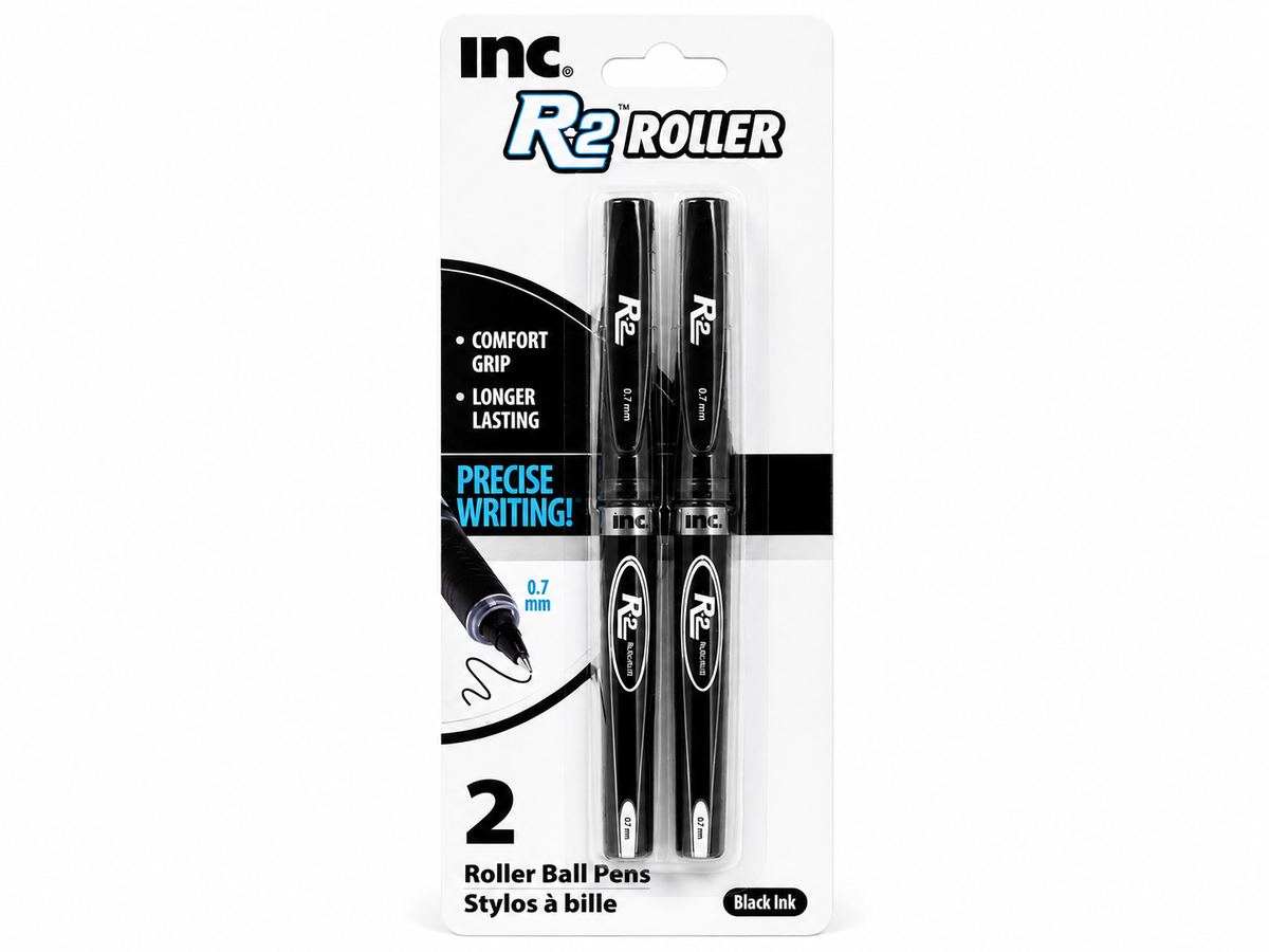 INC R2 Roller Ball Pens – 0.7mm Black Ink, 2-Pack