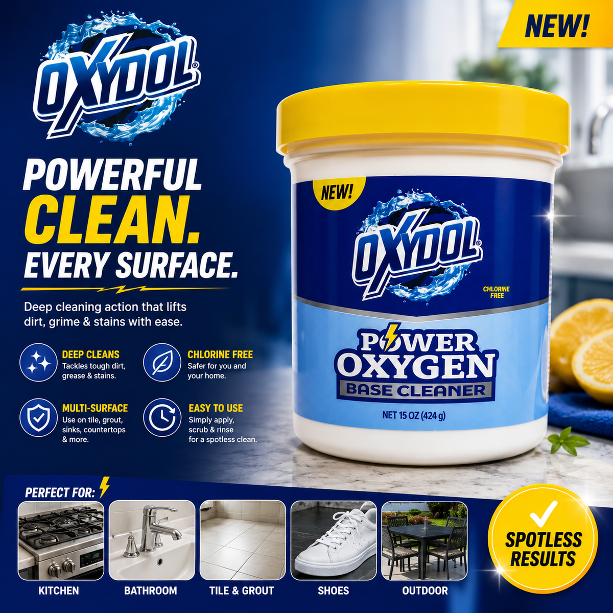 OXYDOL Power Oxygen Base Cleaner – Multi-Surface Cleaning Powder, 15 oz