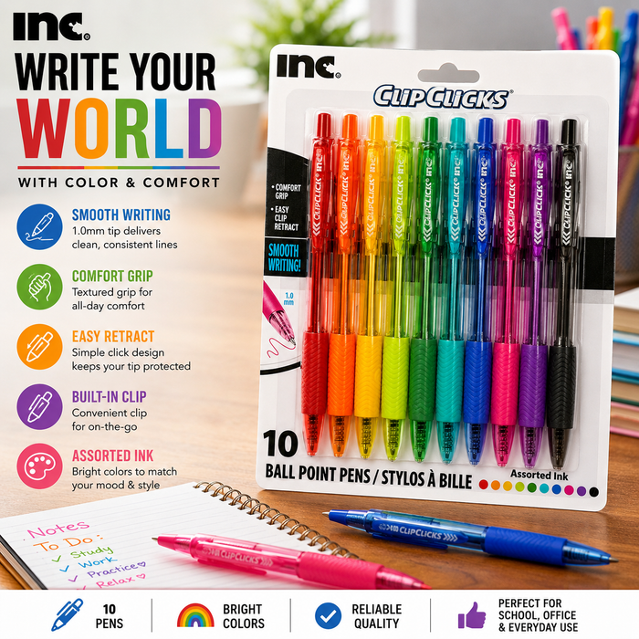 Inc. ClipClicks Assorted Color Retractable Ballpoint Pens – 10 Pack, 1.0mm