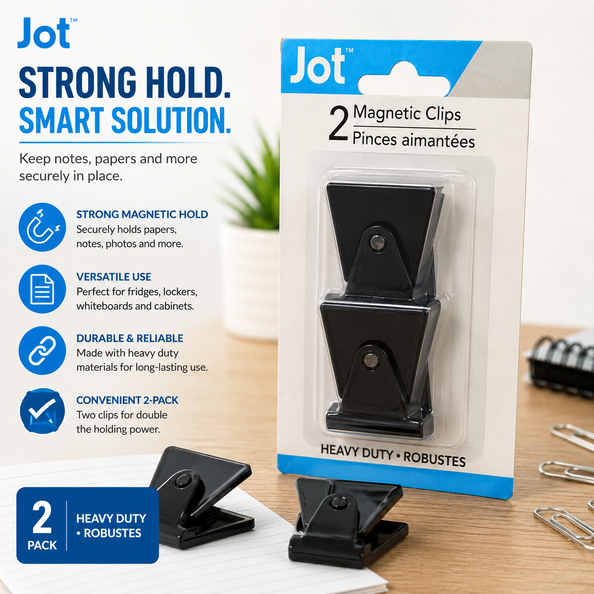 Jot Heavy Duty Magnetic Clips – 2 Pack Black Refrigerator & Office Clips