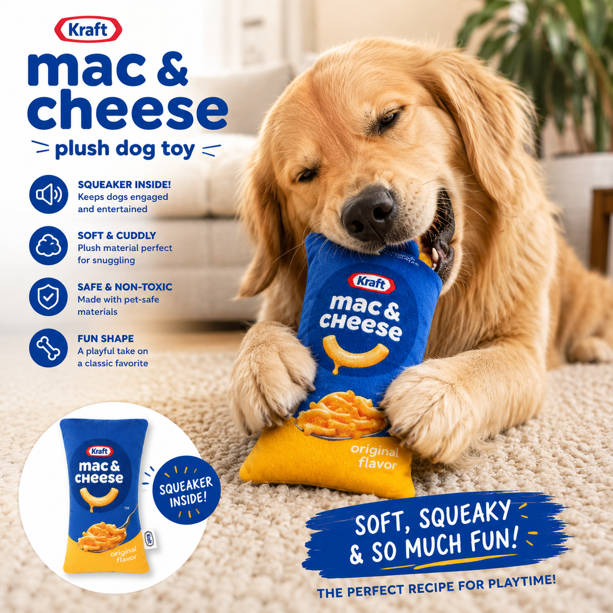 Kraft Mac & Cheese Plush Squeaky Dog Toy – Soft & Fun