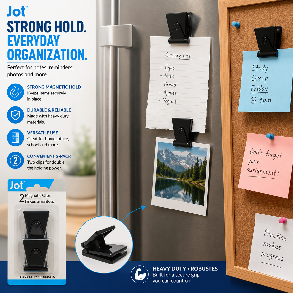Jot Heavy Duty Magnetic Clips – 2 Pack Black Refrigerator & Office Clips