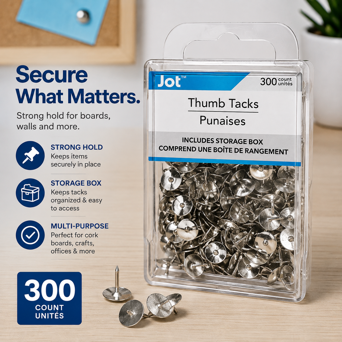 Jot Silver Thumb Tacks with Storage Box – 300 Count