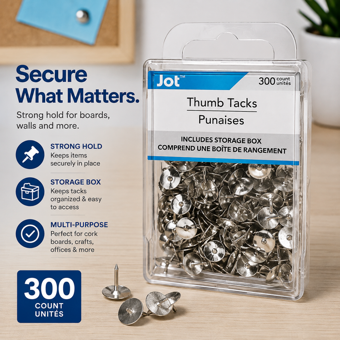 Jot Silver Thumb Tacks with Storage Box – 300 Count