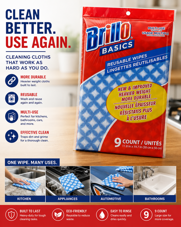 Brillo Basics Reusable Multi-Use Cleaning Wipes – 9 Count