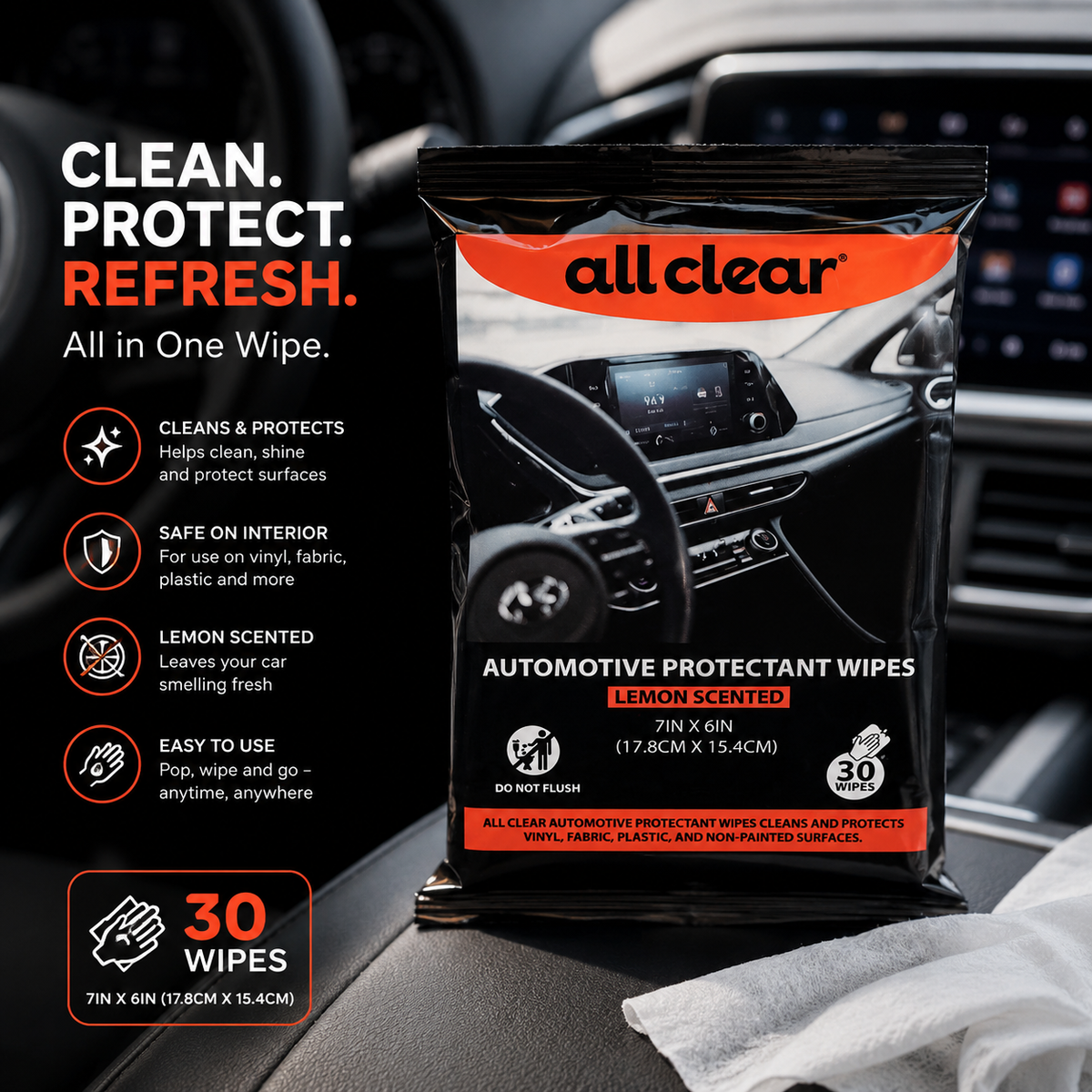 All Clear Automotive Protectant Wipes – Lemon Scented, 30 Count