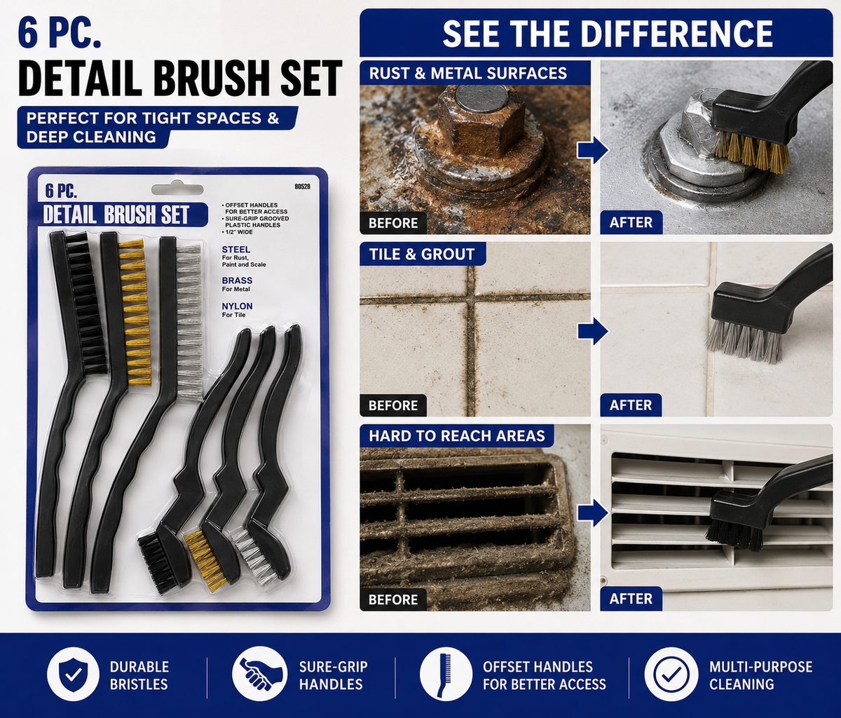 6-Piece Detail Brush Set – Steel, Brass & Nylon Cleaning Brushes for Rust, Metal & Tile