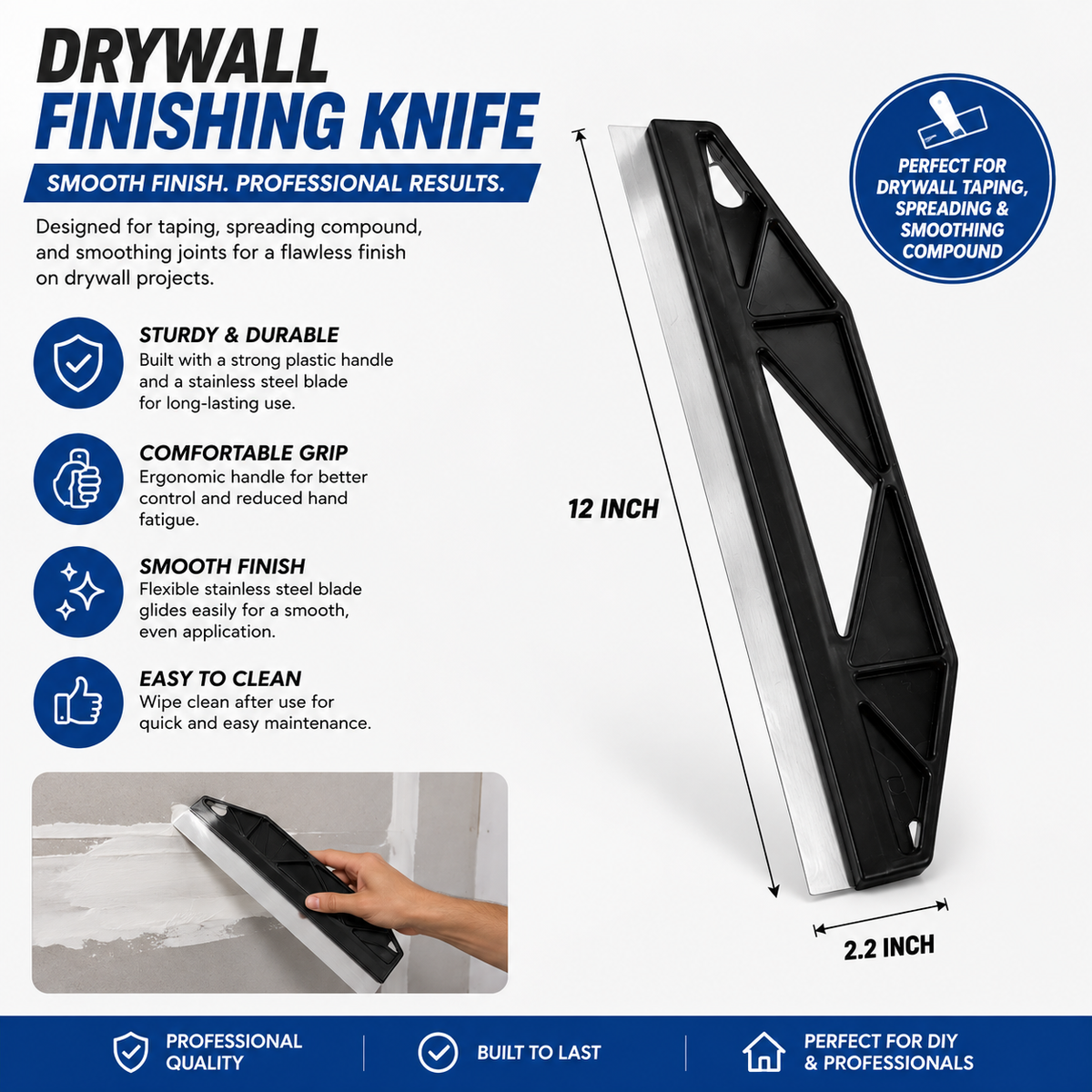 12-Inch Drywall Finishing Knife – Stainless Steel Taping & Joint Compound Tool