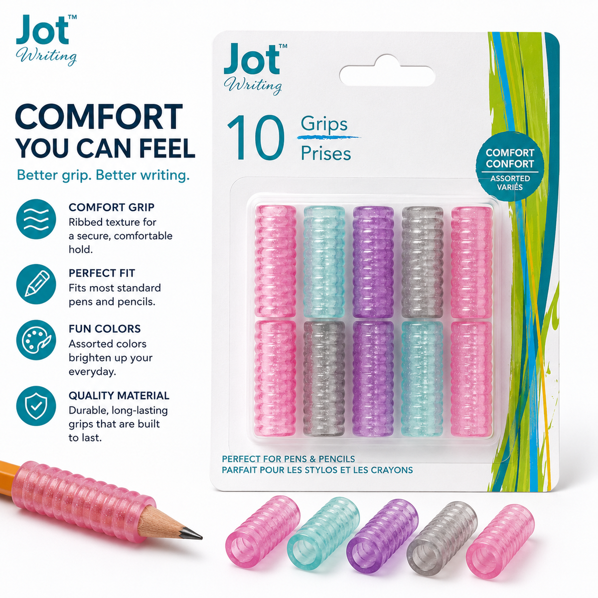 Jot Colorful Comfort Pencil & Pen Grips – 10 Pack