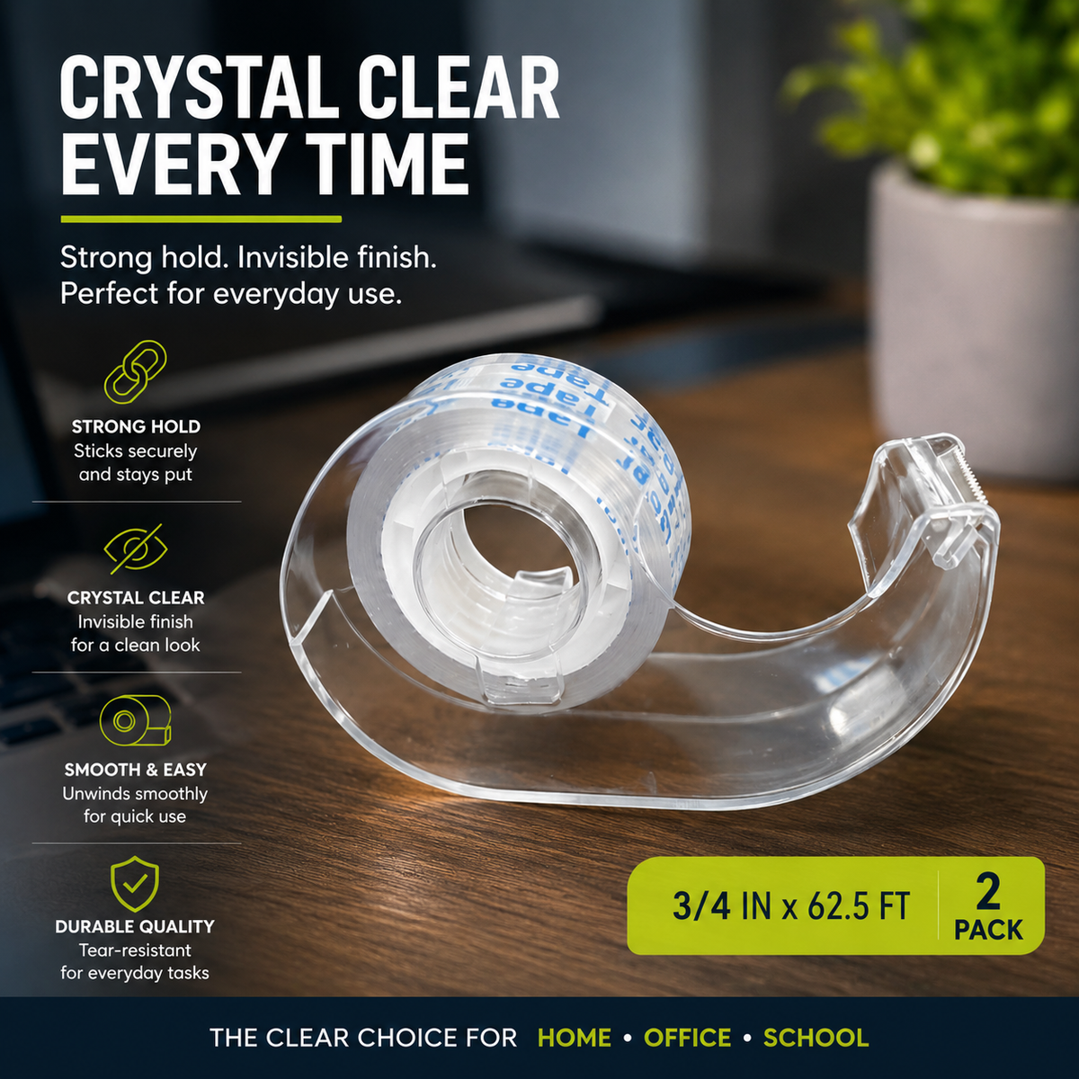 Jot Crystal Clear Tape – 2 Pack with Dispensers, 3/4 in. x 62.5 ft.