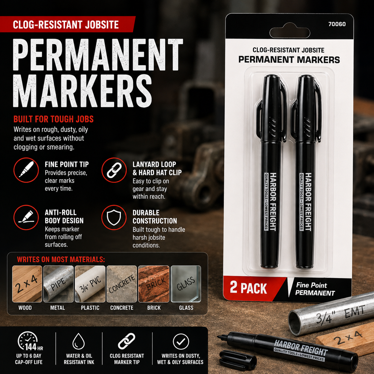 2-Pack Clog-Resistant Permanent Jobsite Markers – Fine Point, Long-Lasting Ink for Wood, Metal, Plastic & Concrete