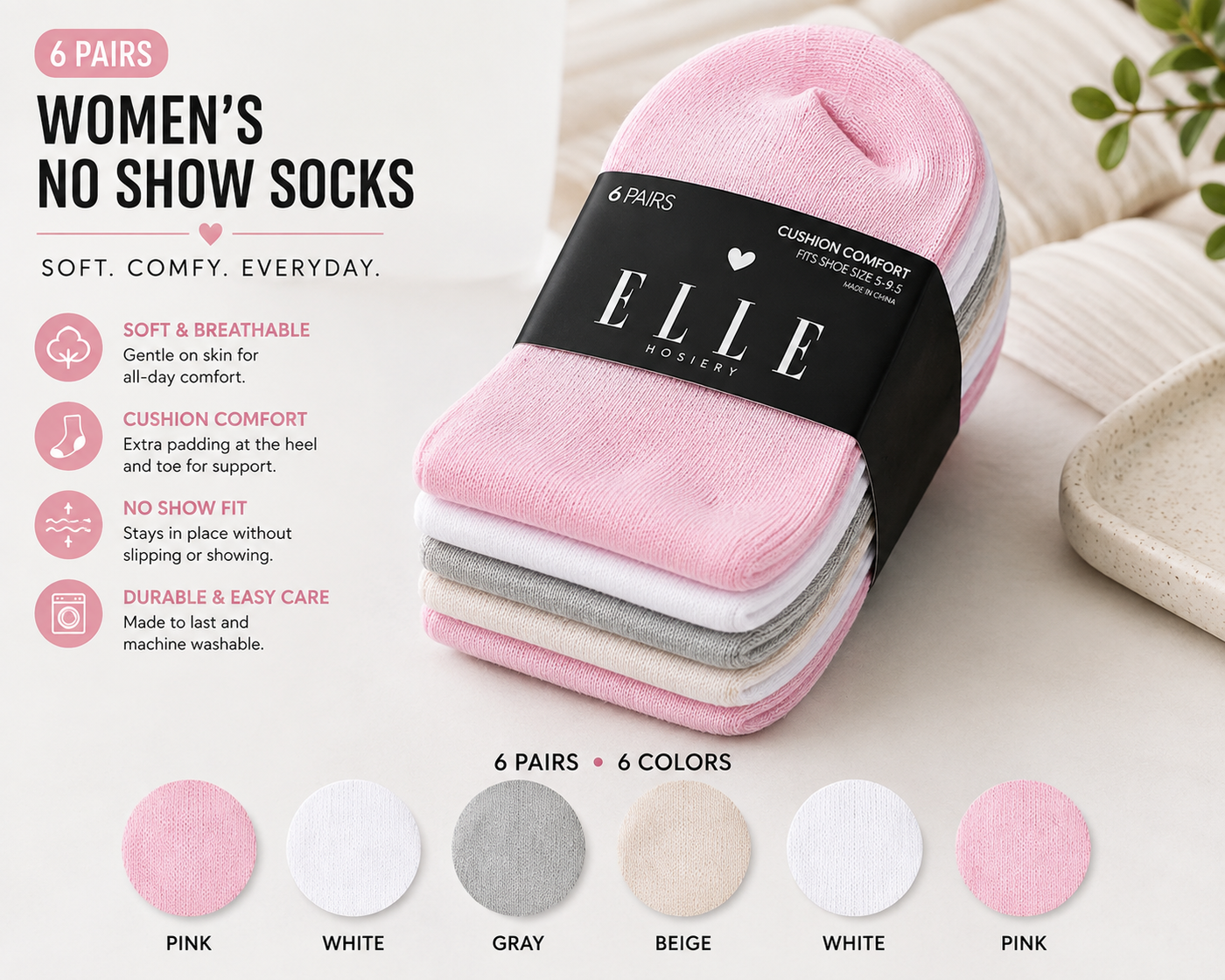 ELLE Women's No Show Socks 6-Pack – Soft Cushioned Low Cut Comfort Socks (Size 5–9.5)