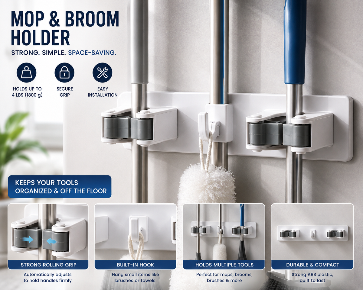 Wall Mounted Mop & Broom Holder Organizer with 2 Rolling Grips & Utility Hook – Space Saving Cleaning Tool Storage Rack