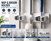 Wall Mounted Mop & Broom Holder Organizer with 2 Rolling Grips & Utility Hook – Space Saving Cleaning Tool Storage Rack