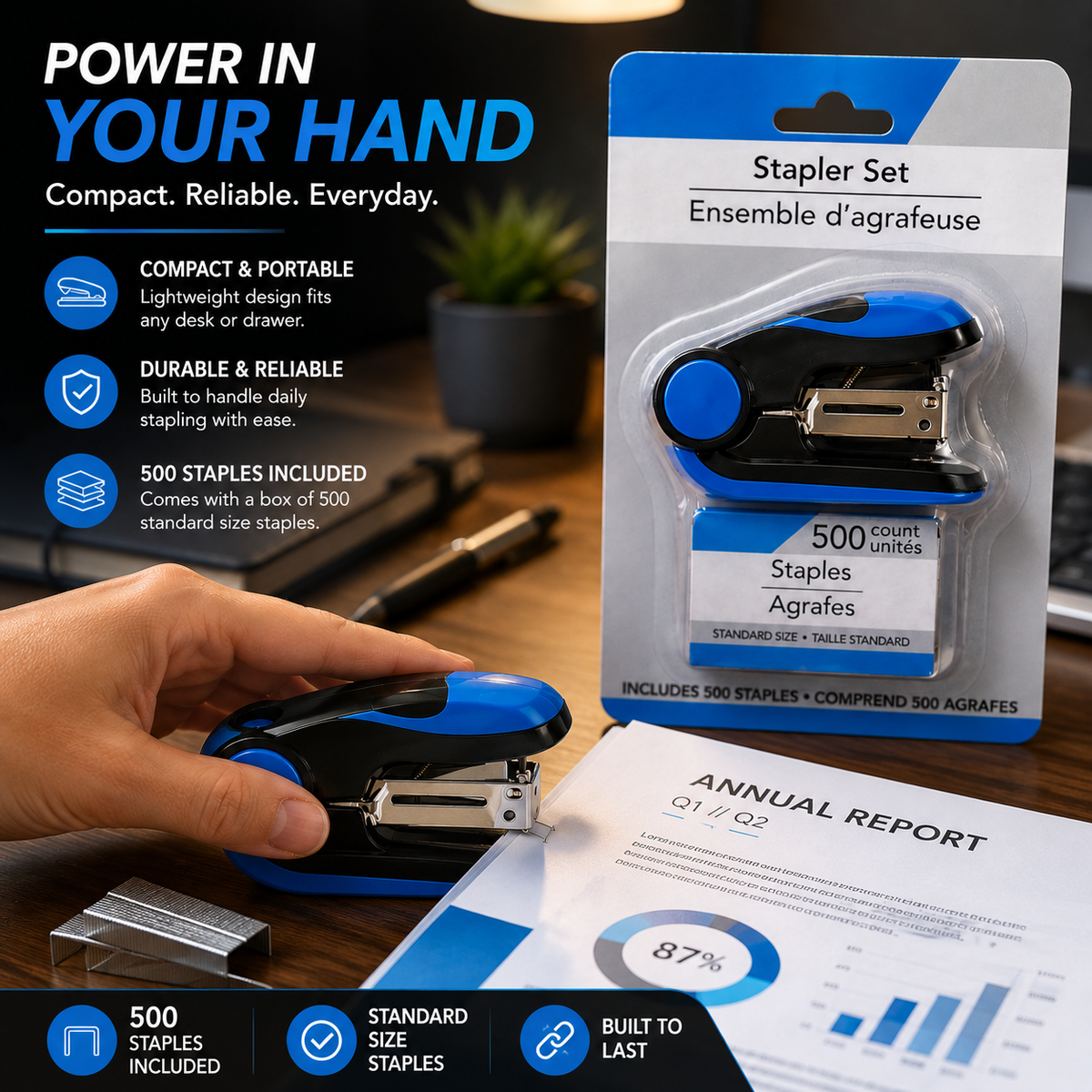 Mini Stapler Set with 500 Staples – Compact Blue & Black