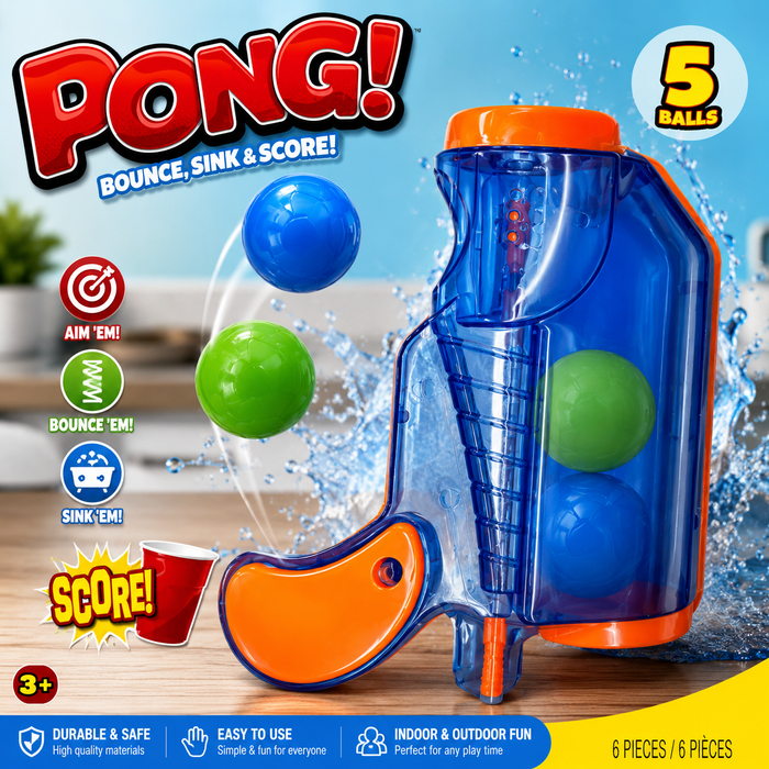 Pong! Ball Launcher Game Set – Indoor & Outdoor Bounce Target Game with 5 Balls, 6-Piece Set