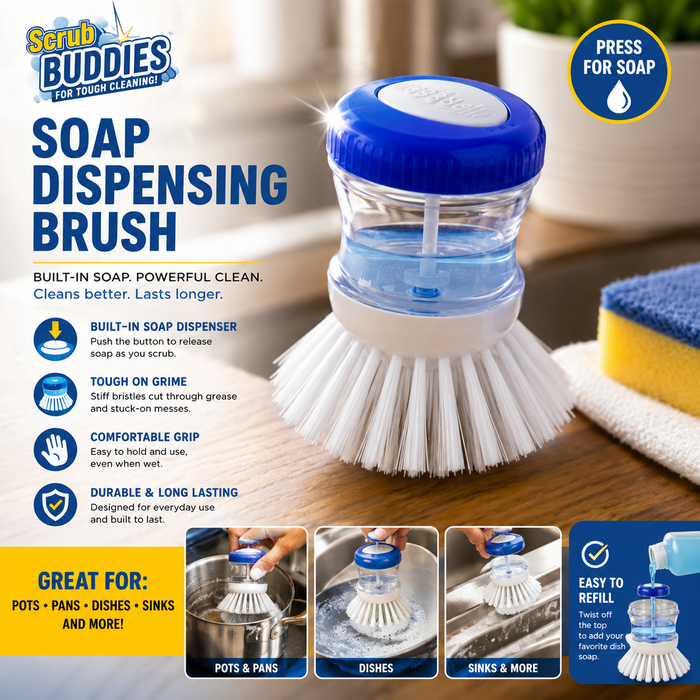 Scrub Buddies Soap Dispensing Dish Brush – Press-to-Release Scrubber