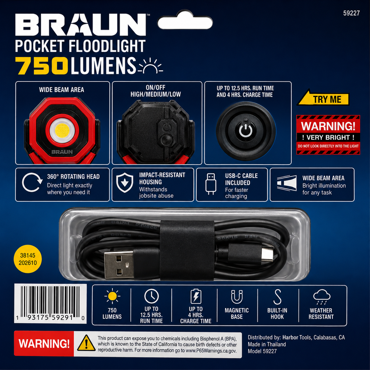 BRAUN 750 Lumen Pocket Floodlight – Rechargeable Magnetic LED Work Light with Rotating Head