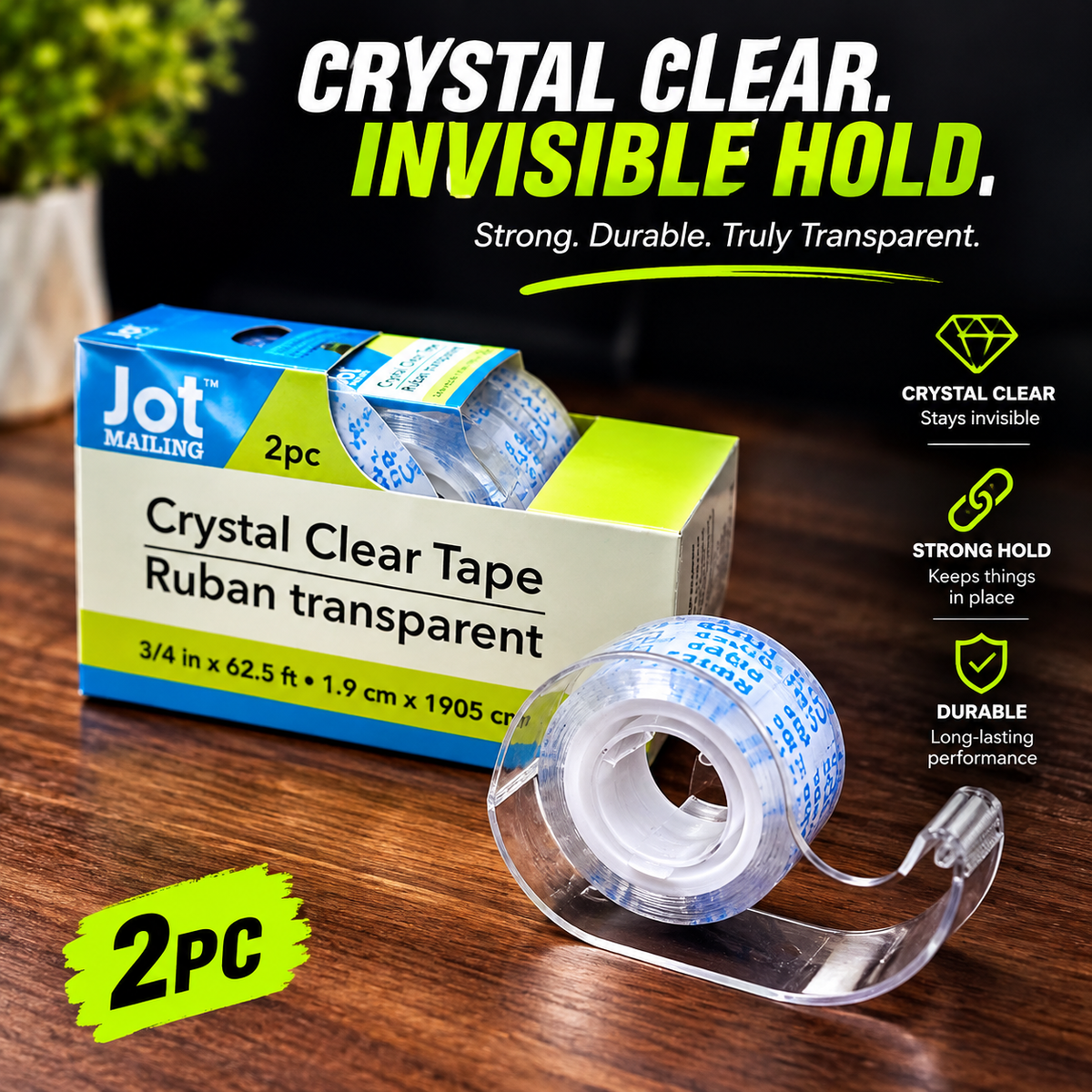 Jot Crystal Clear Tape – 2 Pack with Dispensers, 3/4 in. x 62.5 ft.