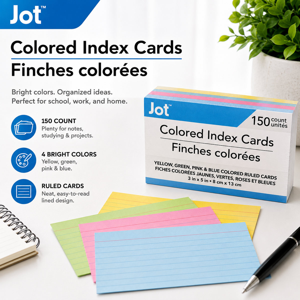 Jot Colored Ruled Index Cards – 3 x 5 in, 150 Count