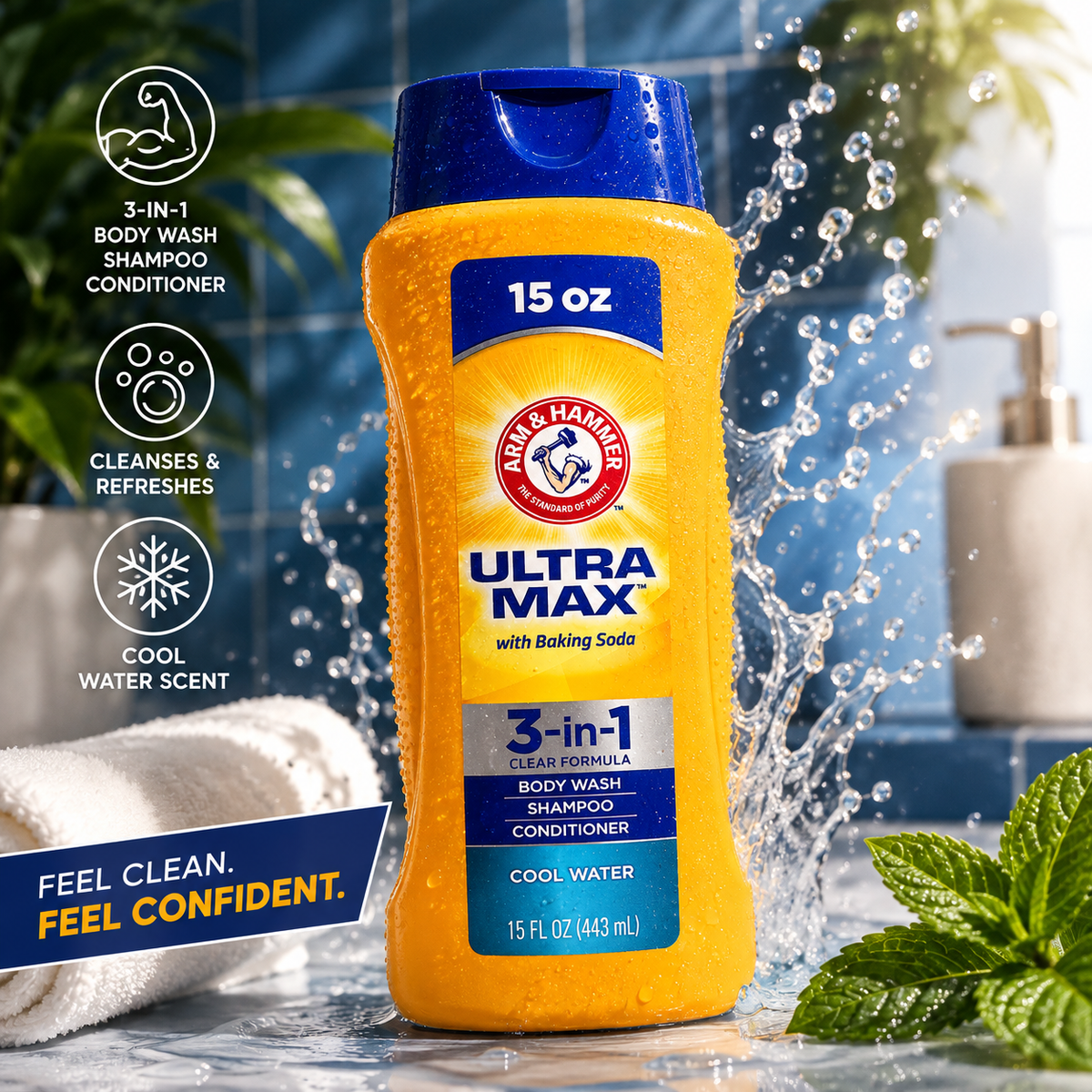 Arm & Hammer Ultra Max 3-in-1 Body Wash, Shampoo & Conditioner – Cool Water, 15 oz