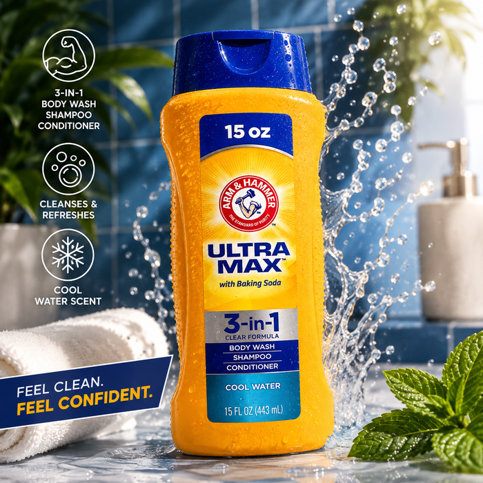 Arm & Hammer Ultra Max 3-in-1 Body Wash, Shampoo & Conditioner – Cool Water | 15 oz
