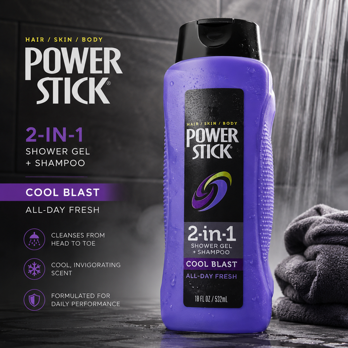 Power Stick 2-in-1 Shower Gel + Shampoo – Cool Blast, 18 fl oz