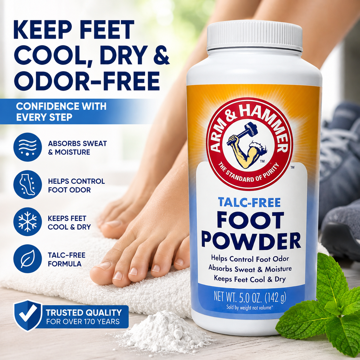 Arm & Hammer Talc-Free Foot Powder – 5 oz | Absorbs Moisture, Controls Foot Odor & Keeps Feet Cool and Dry