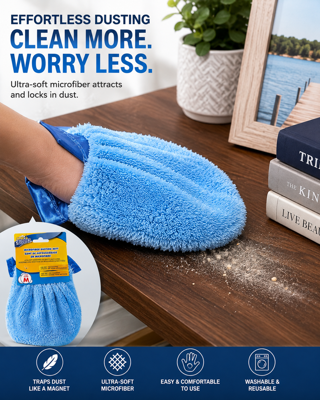 Microfiber Dusting Mitt – Ultra-Soft Washable Cleaning Glove for Furniture, Blinds, Shelves & Electronics
