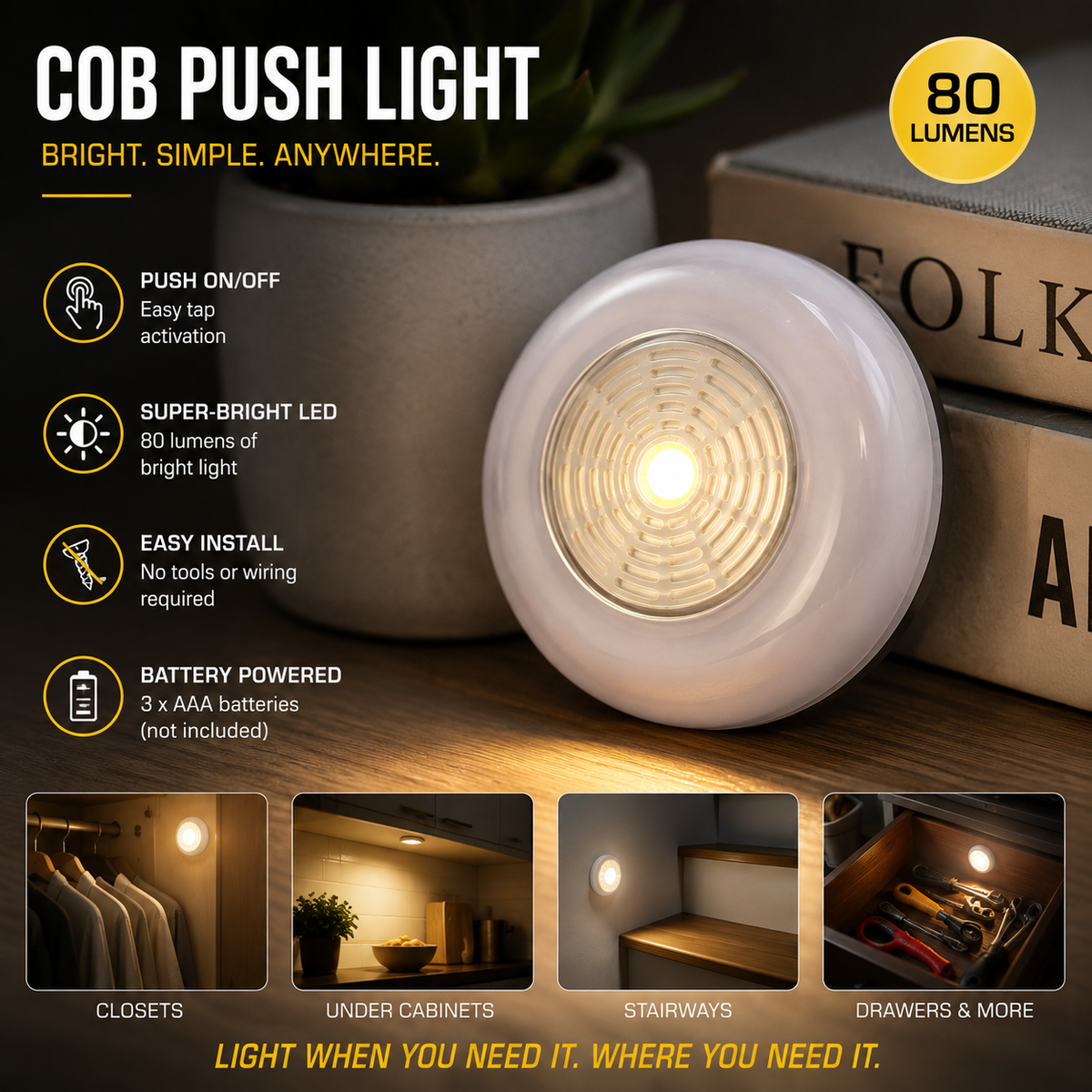 80 Lumen COB LED Push Light – Battery Powered Stick-On Wall & Closet Light, Easy Install