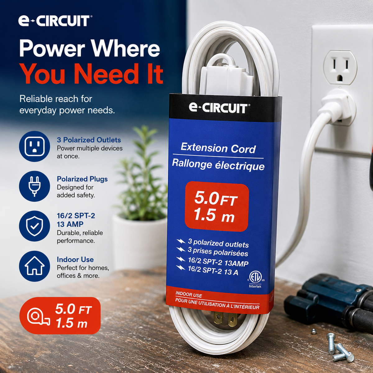 e-Circuit 5 Ft Indoor Extension Cord – 3 Polarized Outlets, 13 Amp