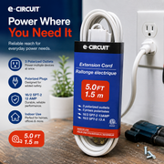 e-Circuit 5 Ft Indoor Extension Cord – 3 Polarized Outlets, 13 Amp