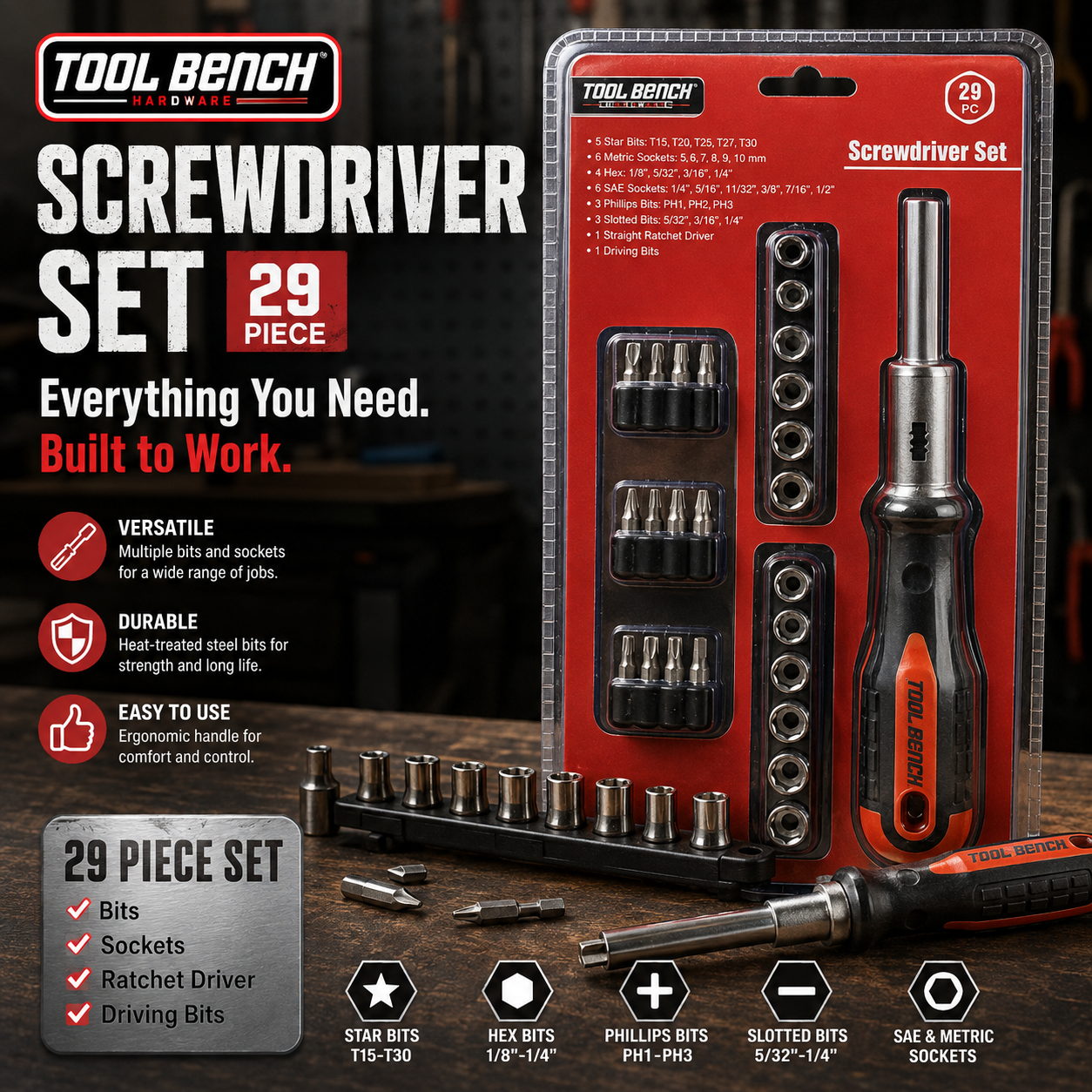 29-Piece Ratcheting Screwdriver Set – Multi-Bit Driver with SAE & Metric Sockets
