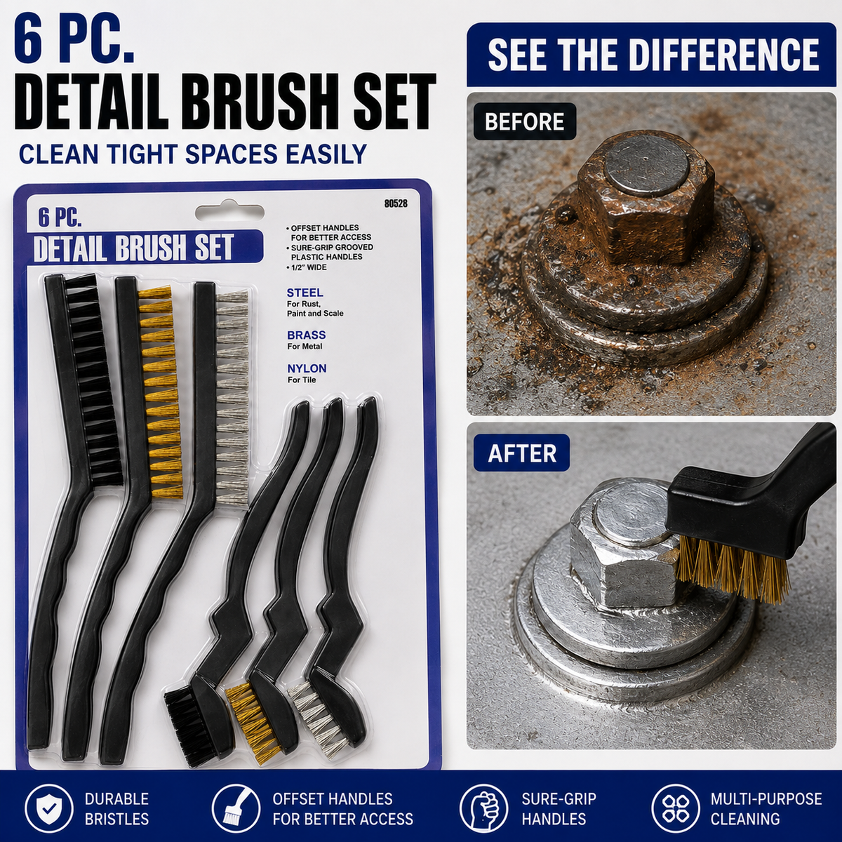 6-Piece Detail Brush Set – Steel, Brass & Nylon Cleaning Brushes for Rust, Metal & Tile