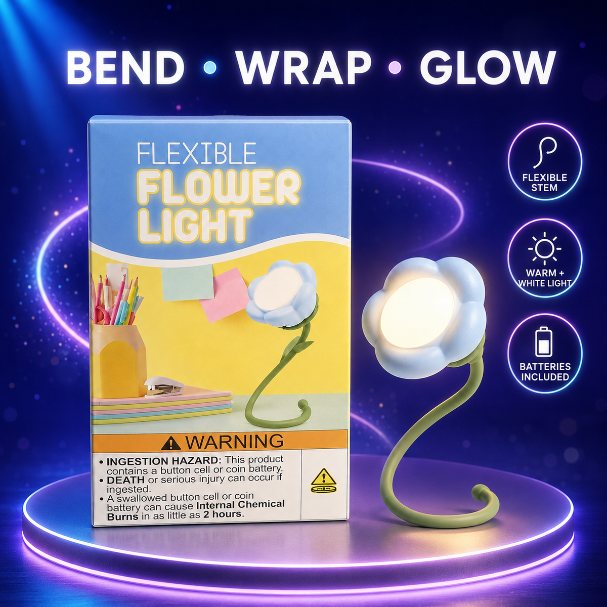 Flexible Flower Bedside Night Light – Bendable Warm & White LED Lamp