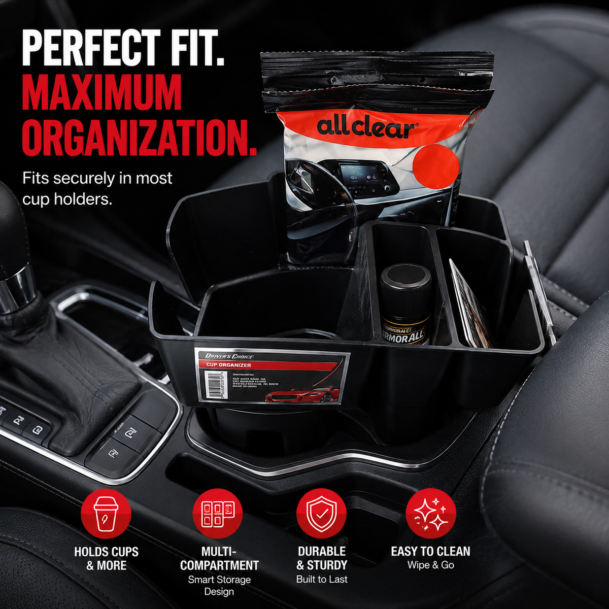 Car Cup Holder Organizer – Multi-Compartment Console Storage Caddy