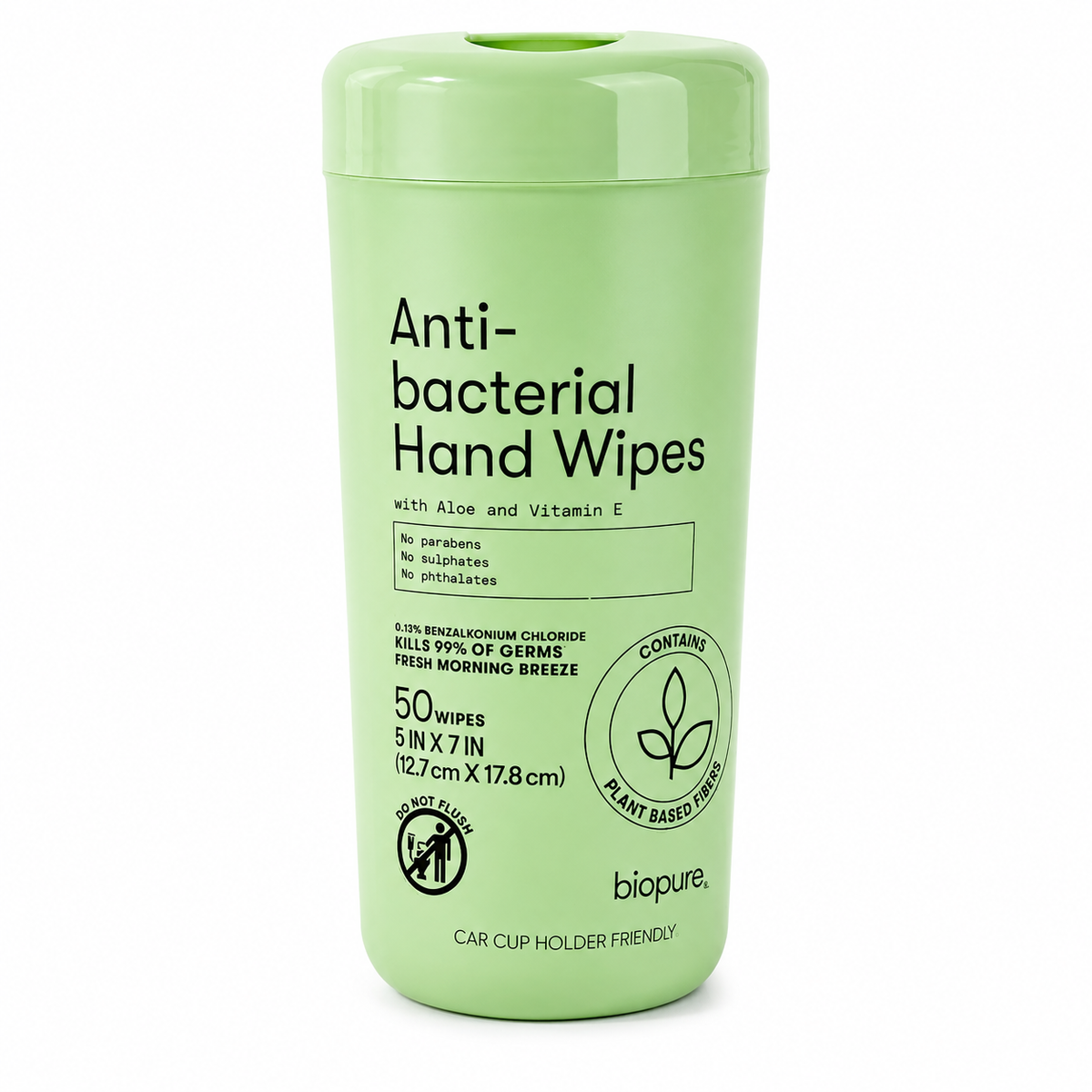 Biopure Antibacterial Hand Wipes with Aloe & Vitamin E – 50 Fresh Morning Breeze Wipes – Car Cup Holder Friendly