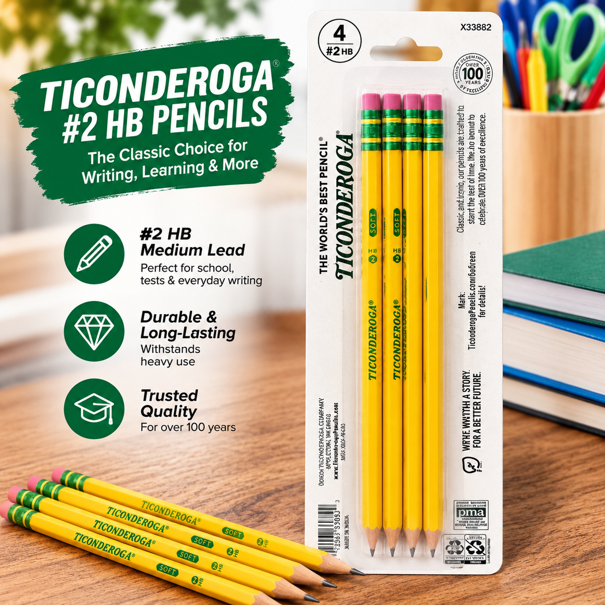 Ticonderoga #2 HB Yellow Pencils with Erasers – 4 Count