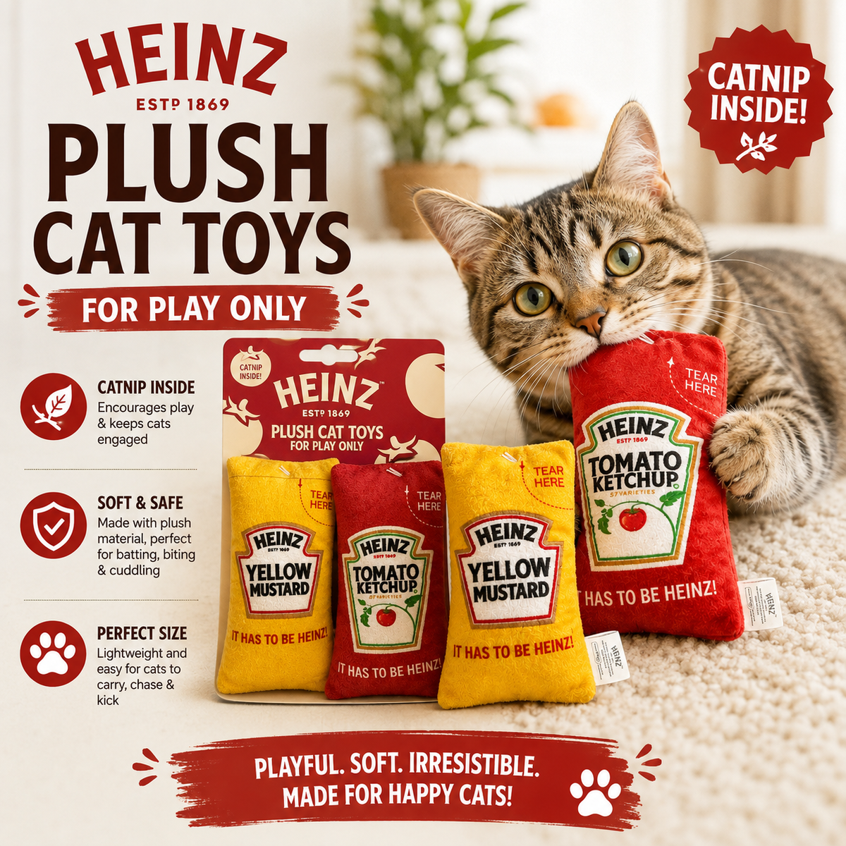 HEINZ Ketchup & Mustard Plush Cat Toys with Catnip – 2 Pack