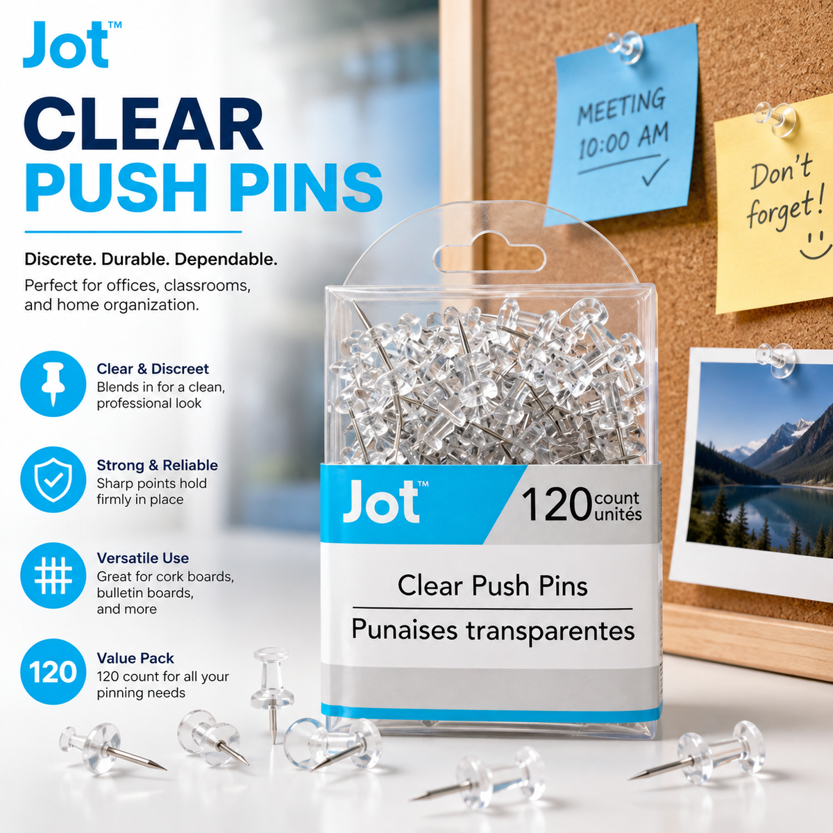 Jot Clear Push Pins – 120 Count Transparent Thumb Tacks for Cork Boards & Bulletin Boards