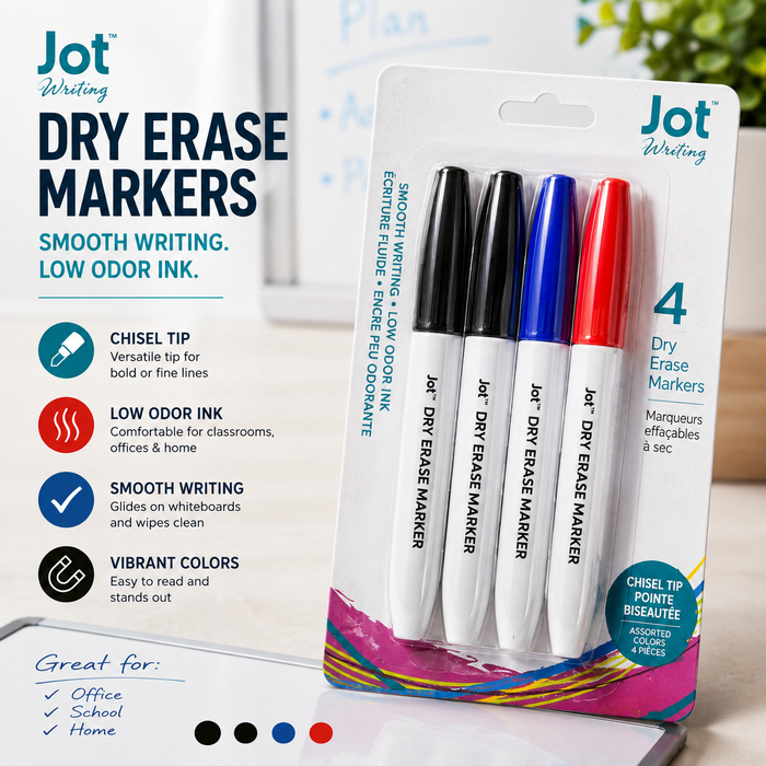 Jot Dry Erase Markers – 4 Pack, Assorted Colors, Chisel Tip