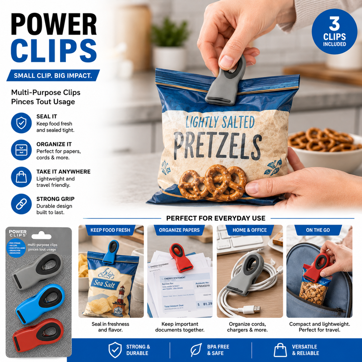 Power Clips Multi-Purpose Bag & Food Storage Clips – 3 Pack