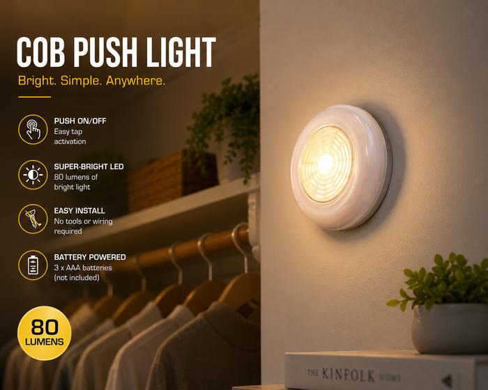 80 Lumen COB LED Push Light – Battery Powered Stick-On Wall & Closet Light, Easy Install