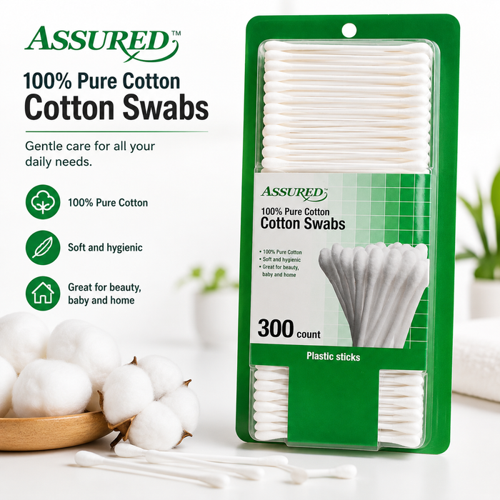 Assured 100% Pure Cotton Swabs – 300 Count