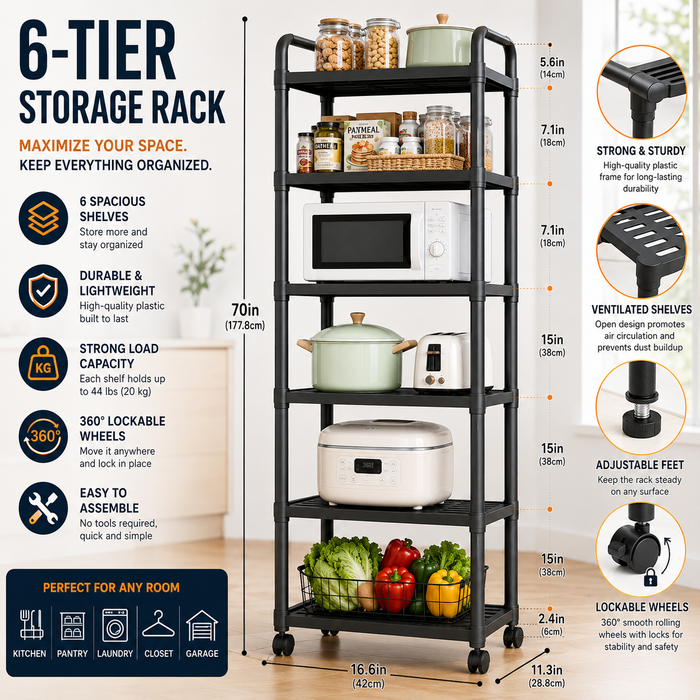6-Tier Rolling Storage Rack – Space-Saving Plastic Organizer with Wheels