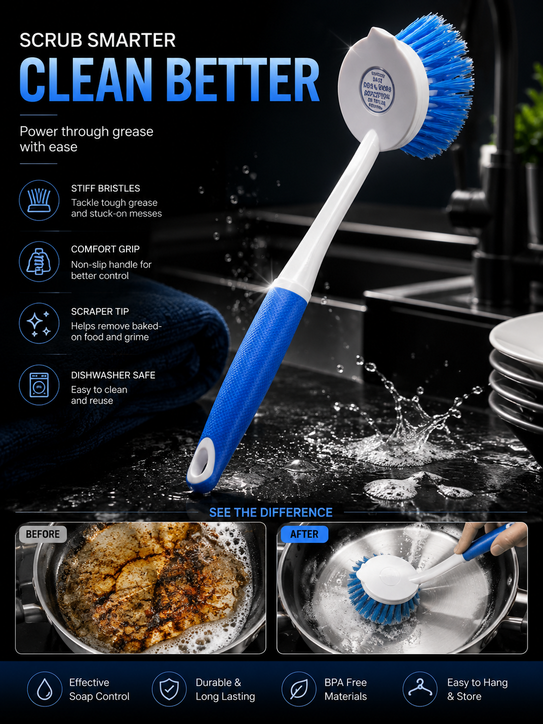 Long Handle Scrub Brush with Built-In Scraper – Heavy Duty Cleaning Brush for Kitchen, Bathroom & Household Cleaning
