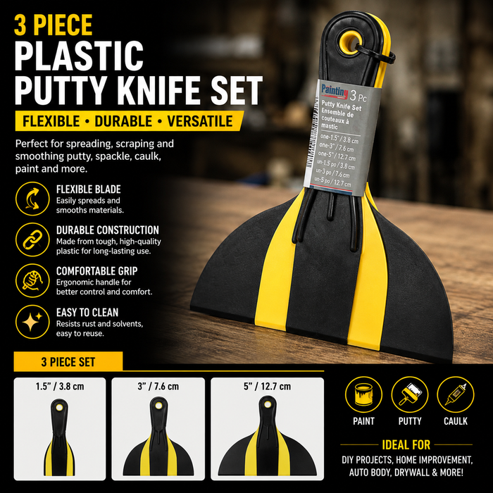 3-Piece Plastic Putty Knife Set – 1.5", 3" & 6" Flexible Scrapers for Putty, Paint & Caulk