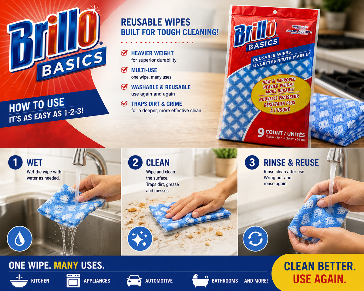 Brillo Basics Reusable Multi-Use Cleaning Wipes – 9 Count