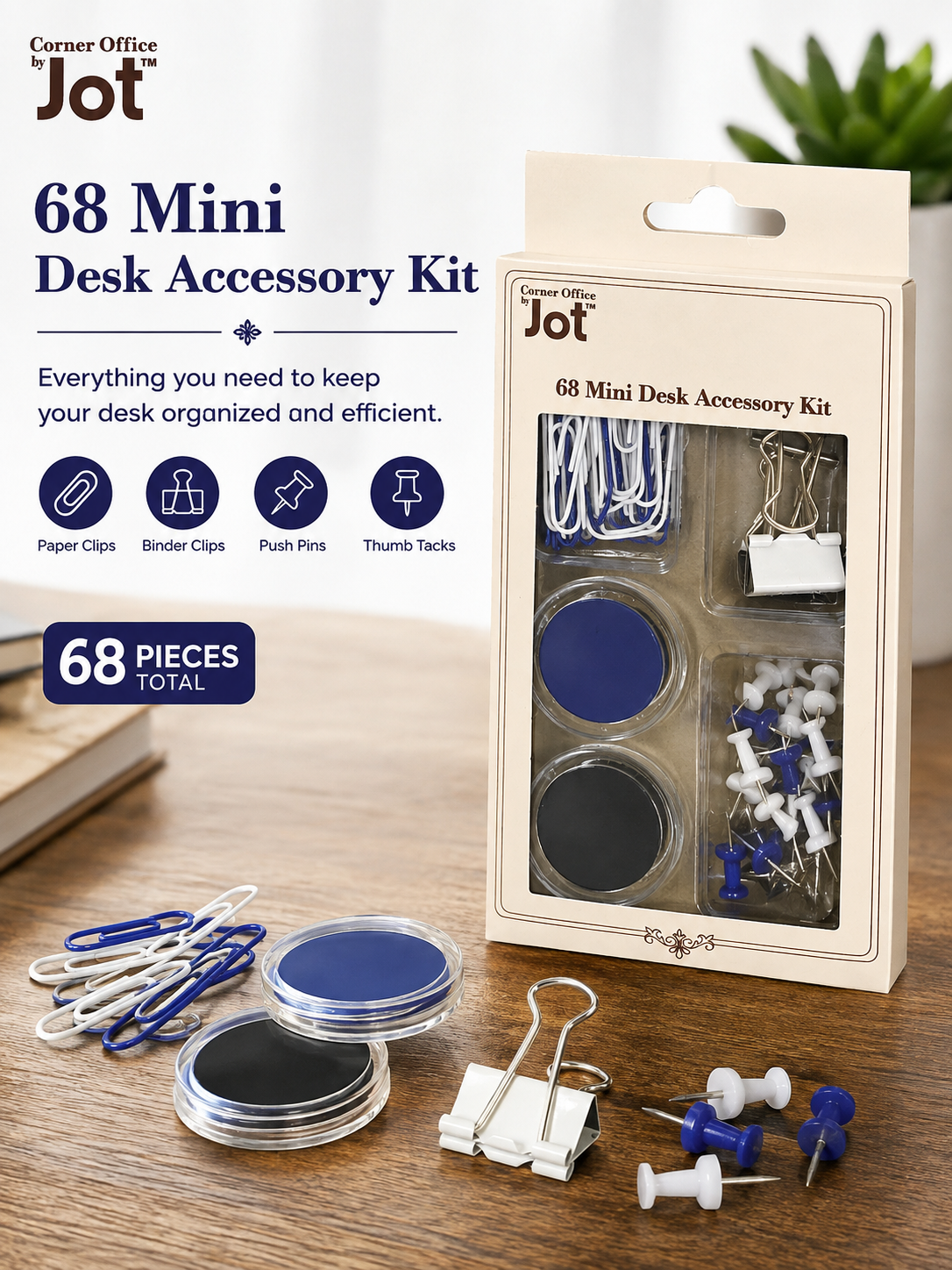 Jot 68-Piece Mini Desk Accessory Kit – Paper Clips, Binder Clips, Push Pins & Magnets