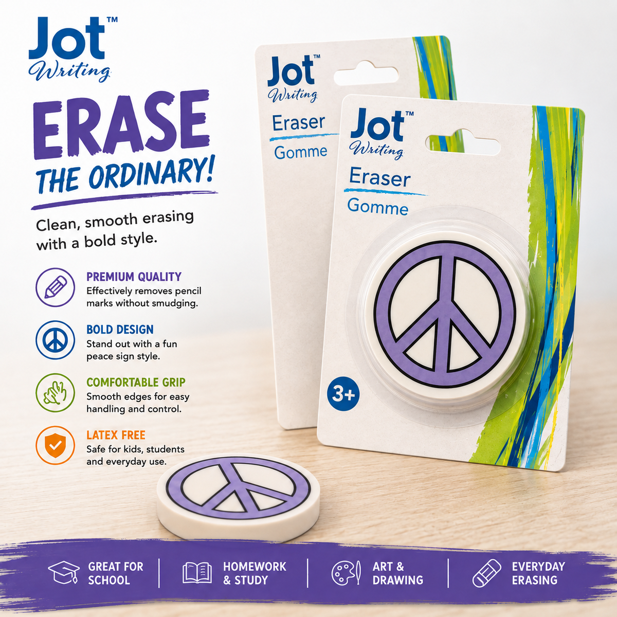 Jot Writing Peace Sign Eraser – Fun Round Design